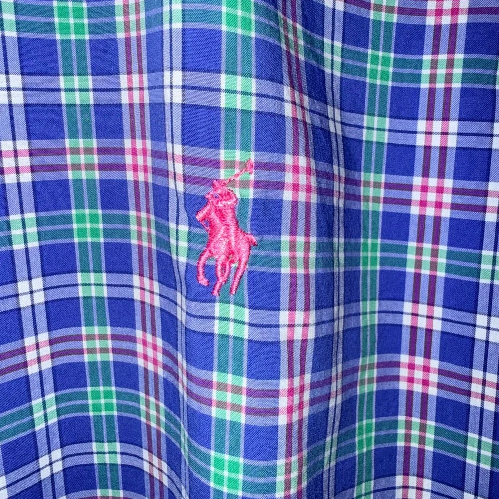 Polo Ralph Lauren Mens Medium Blue Green Pink Plaid‎ Cotton Stretch Shirt M